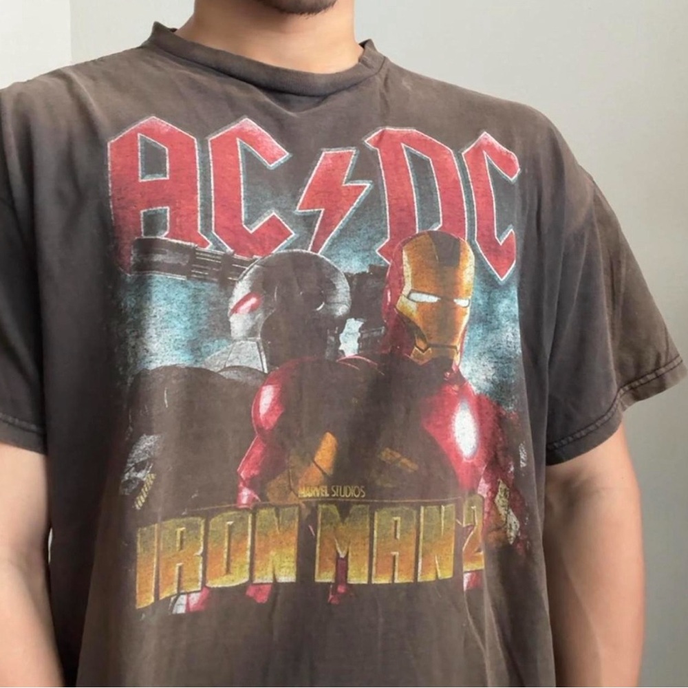 Vintage ACDC x Iron Man Graphics Brown Tee Shirt
